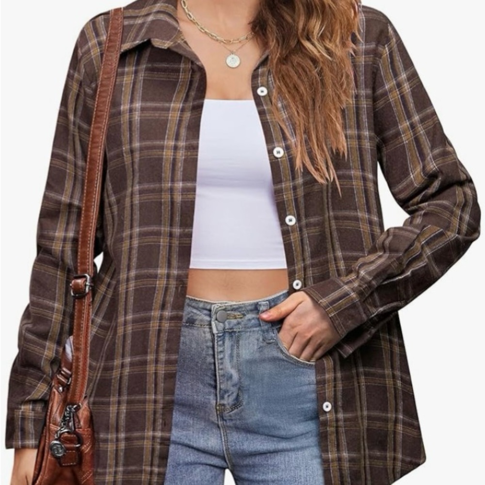 Zeagoo Women's Brown Plaid Button-Down Shirt
